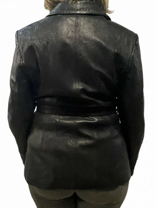 MARKOS LEATHER Γυναικείο Δερμάτινο Μεσάτο Σακάκι Μαύρο