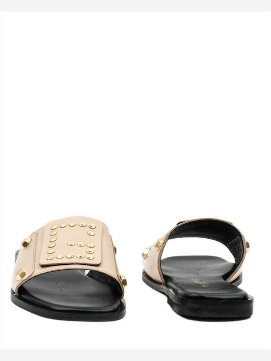Leather Women's Flat Sandals in Beige Color