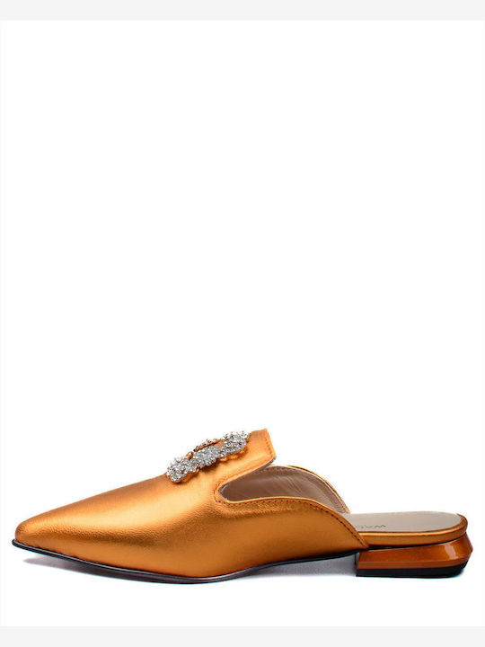 Wall Street Chunky Heel Leather Mules Orange