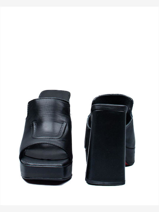 Leather Mules with Chunky High Heel in Black Color