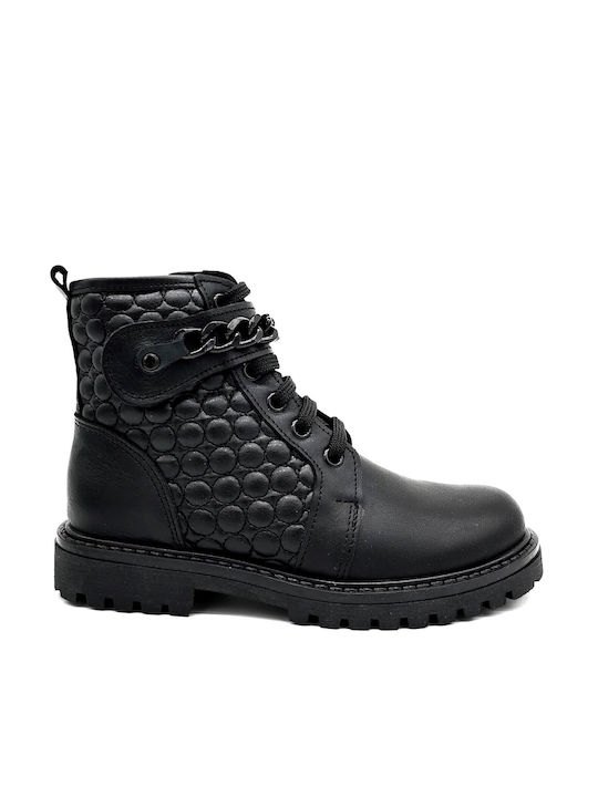 Aby Kids Leather Military Boots with Lace Black