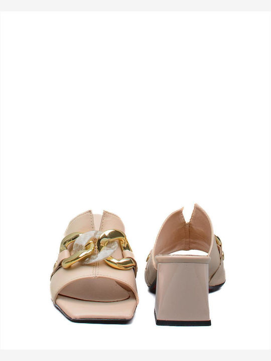 Leather Mules with Chunky High Heel in Beige Color