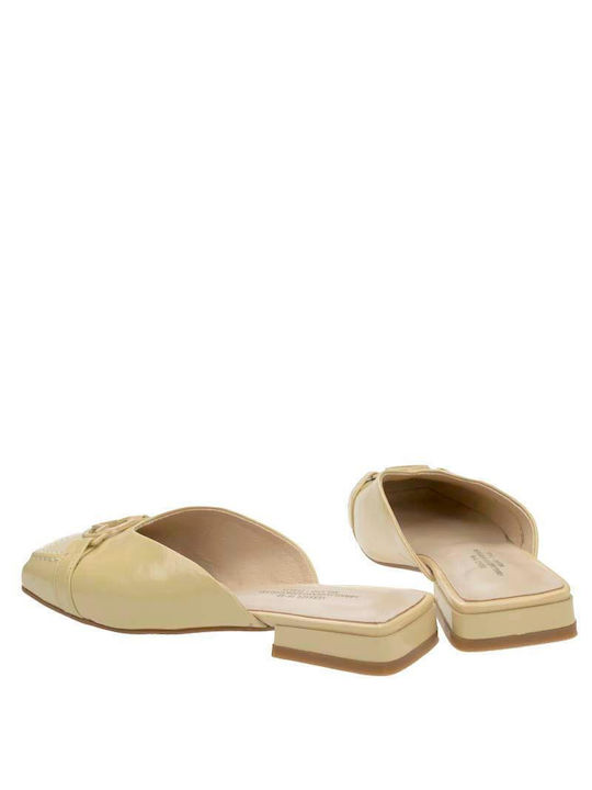 Chunky Heel Leather Mules Beige