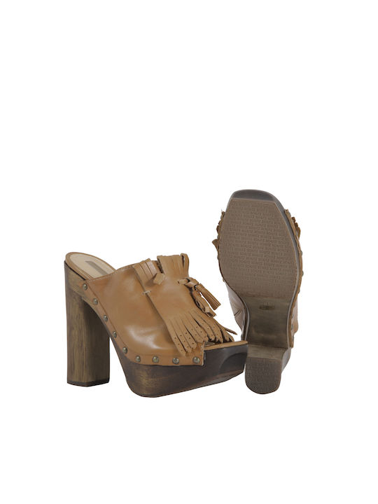 Schutz Chunky Heel Leather Mules Brown