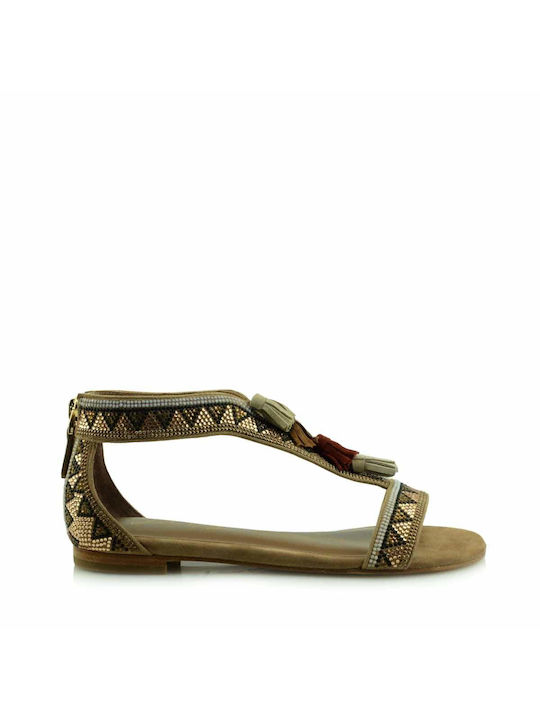 Lola Cruz Leather Women's Flat Sandals in Beige Color