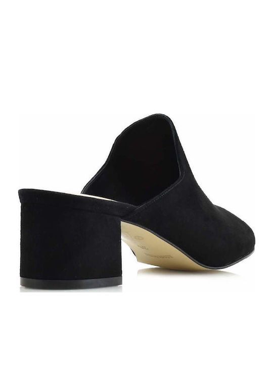 Suede Mules with Chunky Low Heel in Black Color