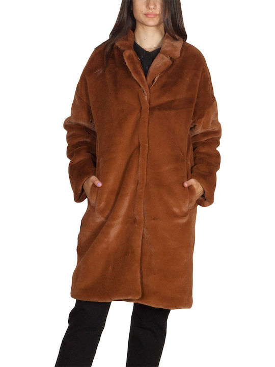 Minimum Women's Midi Coat with Buttons and Fur Brown