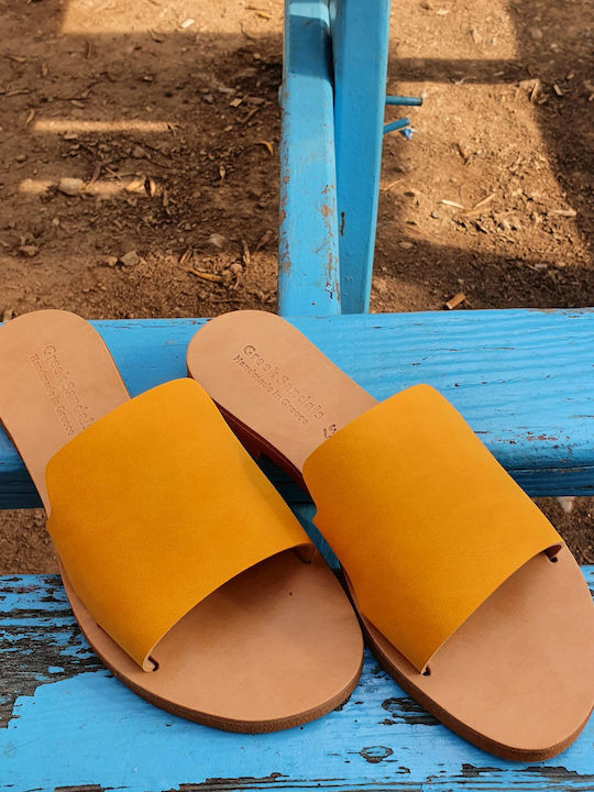 Leather Women's Flat Sandals in Yellow Color