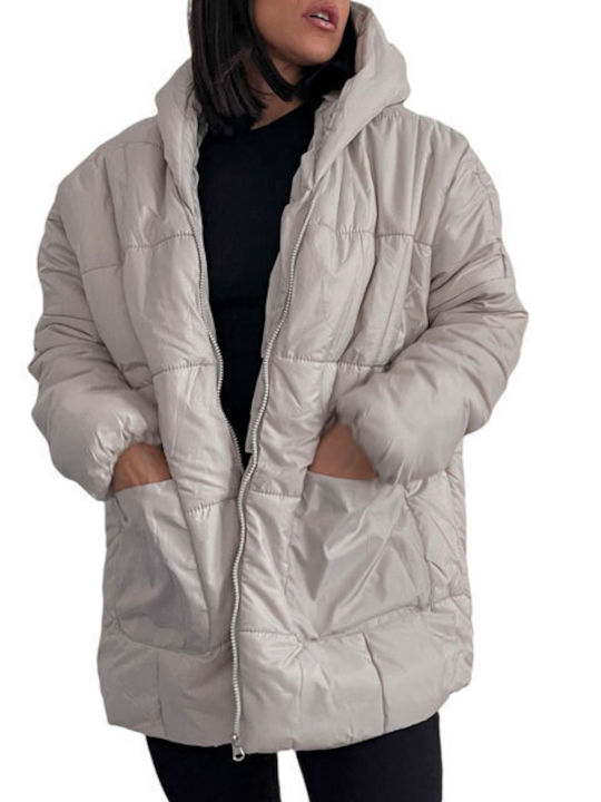 Chica Women's Short Puffer Jacket for Winter with Hood Grey