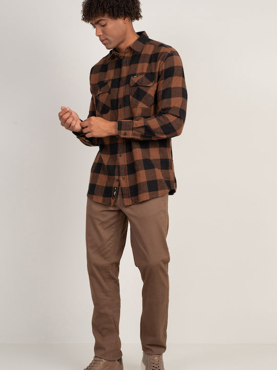 Rebase Men's Shirt Long Sleeve Flannel Checked Brown-Black