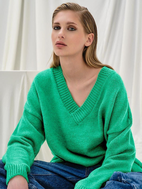 Women's Long Sleeve Sweater with V Neckline Green