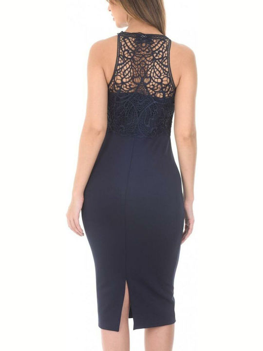 Ax Paris Midi Evening Dress with Lace & Slit Blue