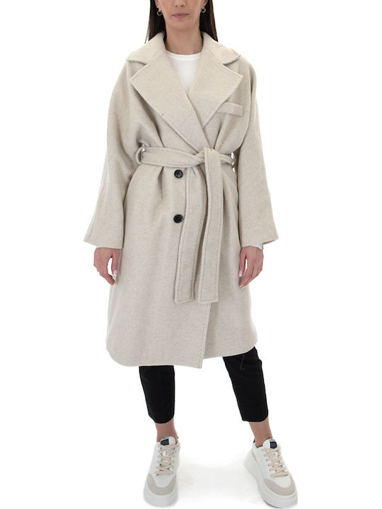Μάλλινο Γυναικείο Μπεζ Παλτό Oversized με Ζώνη