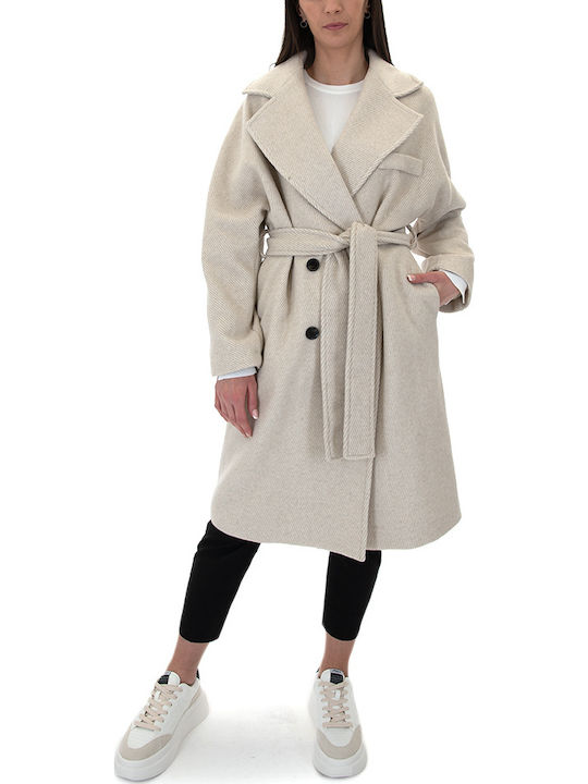 Μάλλινο Γυναικείο Μπεζ Παλτό Oversized με Ζώνη
