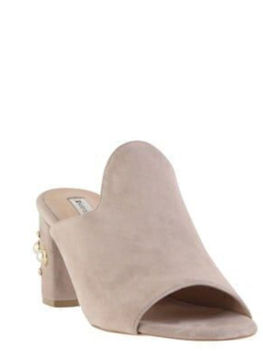 Suede Mules with Chunky High Heel Pearl Taupe