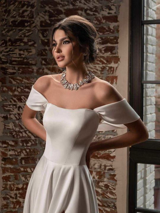 RichgirlBoudoir Maxi Wedding Dress Satin Off-Shoulder with Sheer White
