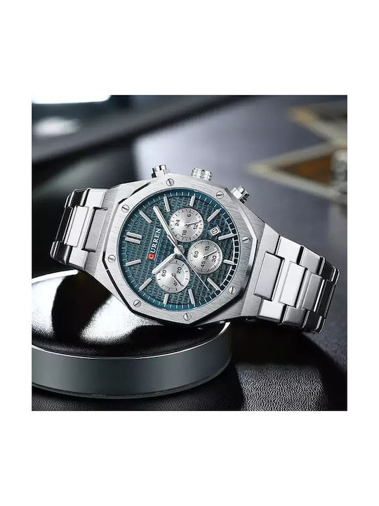 Curren Watch Chronograph Battery with Metal Bracelet Silver Blue