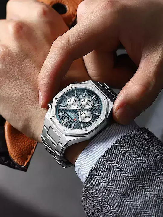 Curren Ανδρικό Ρολόι 43mm Χρονογράφος Μπαταρίας με Μεταλλικό Μπρασελέ Silver Blue