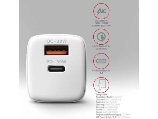 Axagon Charger Without Cable 30W Power Delivery / Quick Charge 3.0 Whites (AZAXNLSACUPQ30W)