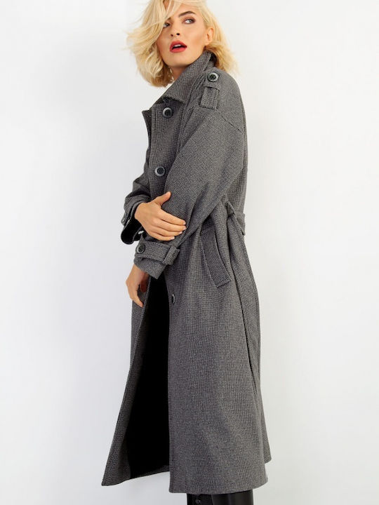 Matis Fashion Women's Checked Long Coat with Buttons KARO (KARO)