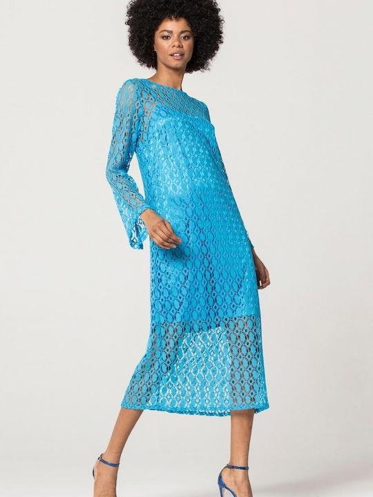 Summer Midi Dress for Wedding - Christening Open Back with Lace Turquoise