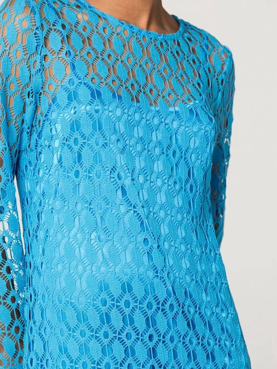Summer Midi Dress for Wedding - Christening Open Back with Lace Turquoise