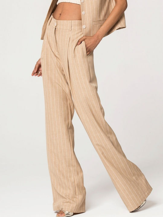 Matis Fashion Women's Fabric Trousers in Regular Fit Striped Beige