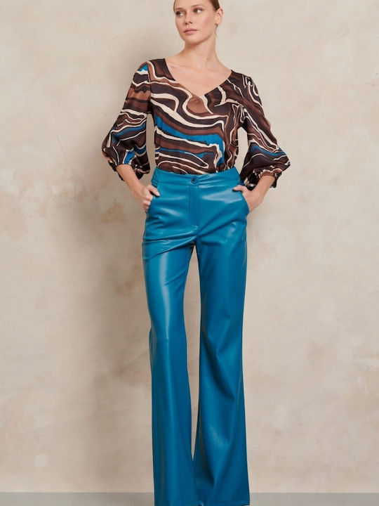 Damen Hoch tailliert Stoff Hose Schlag Blau