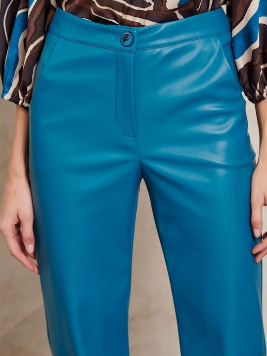Damen Hoch tailliert Stoff Hose Schlag Blau