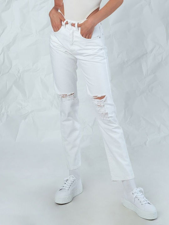 No Thinkin High Waist Women's Jean Trousers in Straight Line WHITE