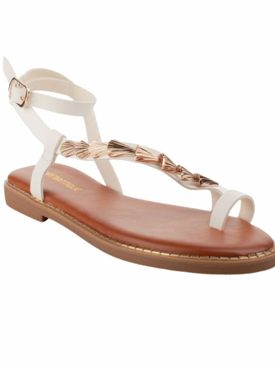 Diamantique Leather Women's Flat Sandals in White Color