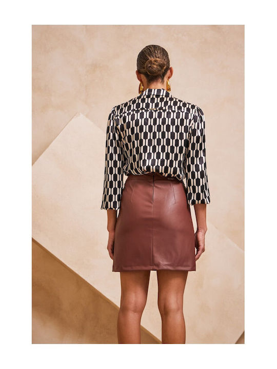 Enzzo Pia Leather High Waist Mini Skirt in Brown color