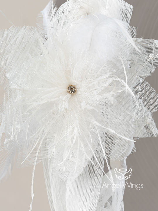 Angel Wings Ecru Baptism Clothes Set with Hair Accessories and Tulle Dress 2 Pieces
