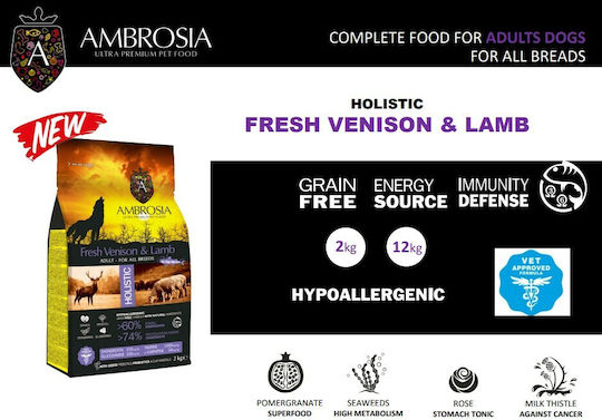 Ambrosia Grain Free Adult Venison & Lamb 2kg Dry Food Grain-Free for Adult Dogs with Lamb and Deer