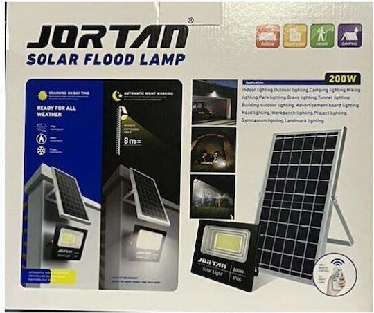Jortan Waterproof Solar LED Flood Light 200W Cold White 6500K with Photocell and Remote Control IP66