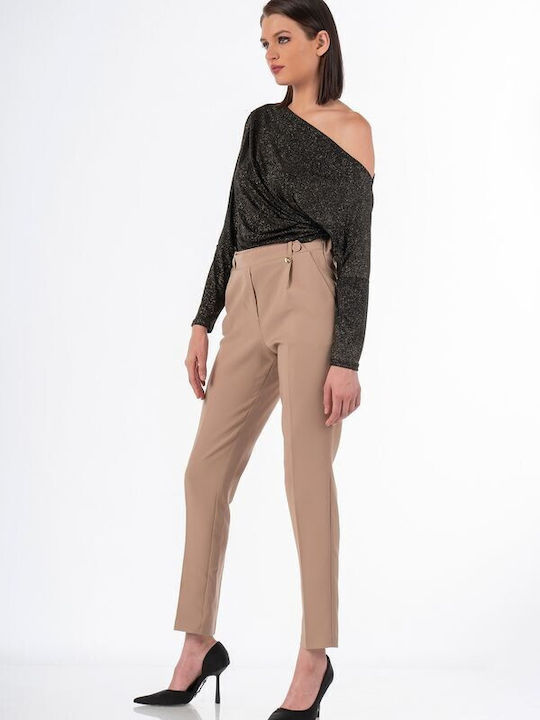 Bellino Women's Fabric Trousers in Straight Line Beige