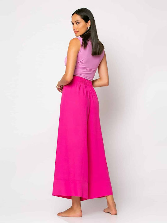 Damen Hoch tailliert Stoff Hose mit Gummizug Fuchsia