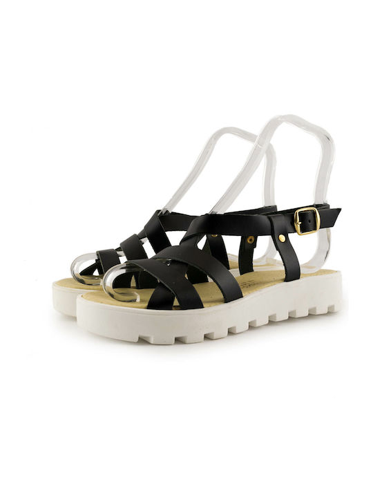 Kouros Leder Damen Flache Sandalen in Schwarz Farbe