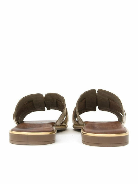 Leather Women's Flat Sandals in Tabac Brown Color