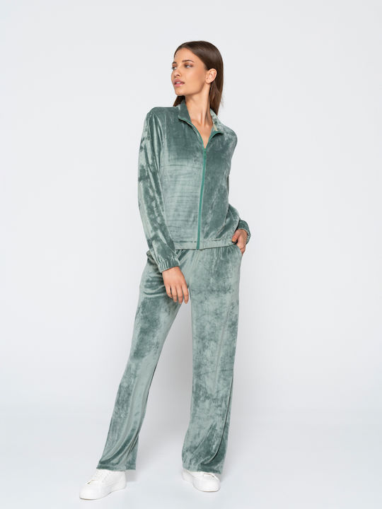 High Waist Sweatpants Flared Velvet Mint