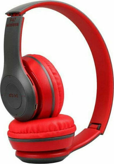 P47 Wireless / Wired On Ear Headphones with Radio with 6 hours of Operation Red / Black