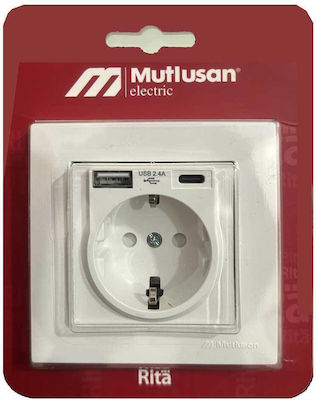 Mutlusan Single Power Safety Socket with 2 USB Ports White