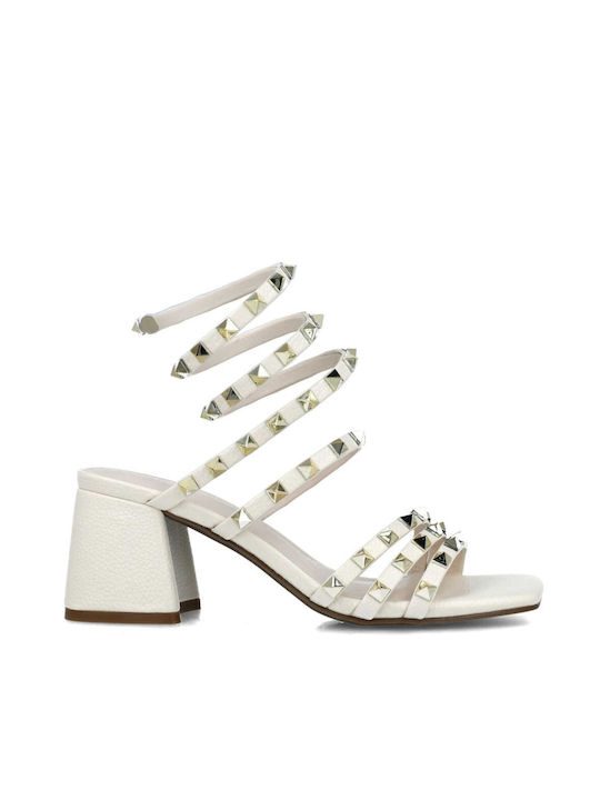 Menbur Leather Women's Sandals White with Chunky Medium Heel