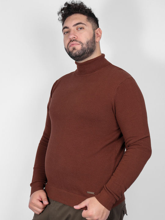 Double Men's Long Sleeve Sweater Turtleneck Brown