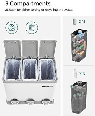 Songmics Coș De Gunoi De Reciclare Metalic Cu Pedală Alb 8lt