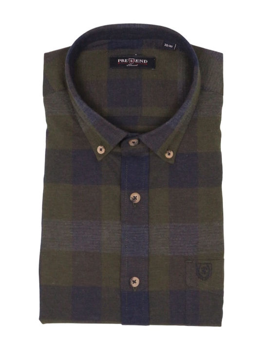 Pre End Men's Shirt Long Sleeve Flannel Checked Green