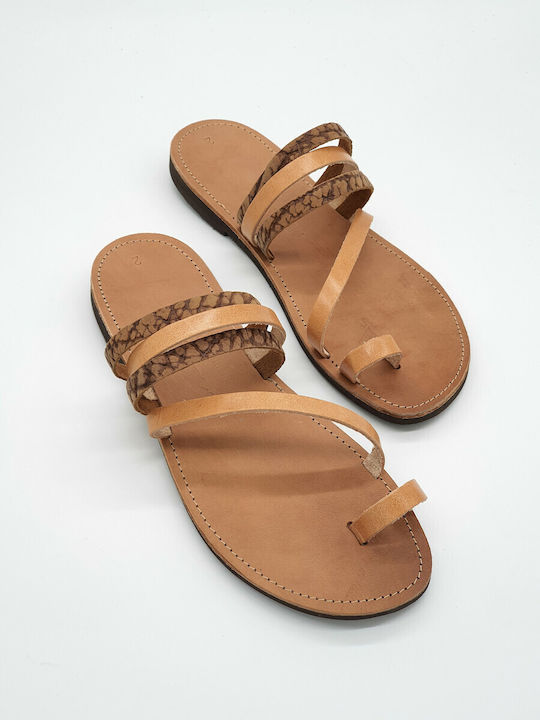 Kypraiosleather Leather Women's Flat Sandals in Beige Color