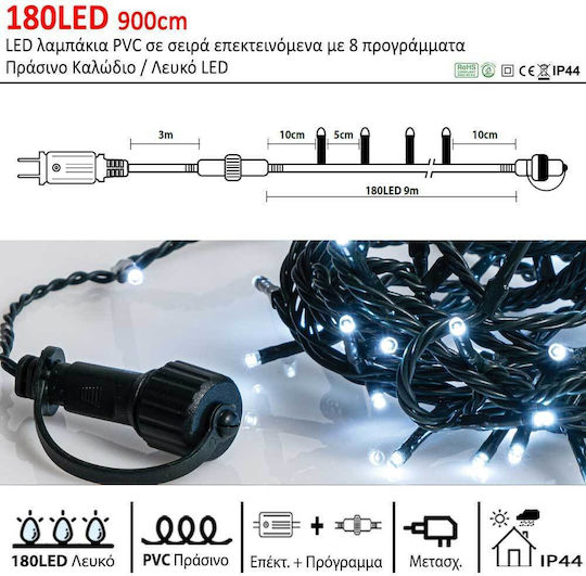 180 Lichterketten LED 9m. Kaltes Weiß in Zeichenfolge 1Stück
