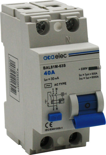 Aca Phase 2-Pole Earth Leakage Relay 40A 230V RCCB 2x40A 300mA 2M AC-Type DY02030012