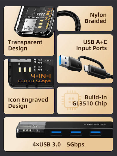 Cabletime USB-Hub 4 Anschlüsse USB 3.0 mit USB-A / USB-C Verbindung